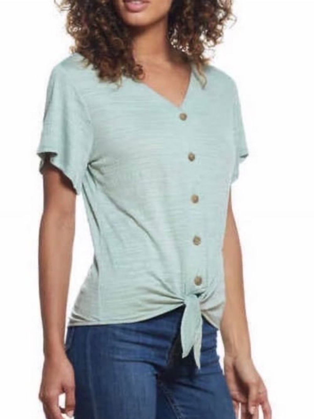 Weatherproof Green Button Front Tie Hem Short Sleeve Top
